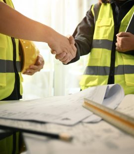 Architects and investor shaking hands after successful construction project. Architects and investor shaking hands after successful construction project.
